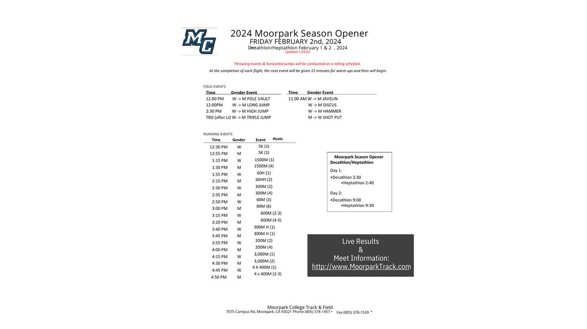 Moorpark College Track &amp; Field Season Opener this Friday (Multi's Thursday/Friday).  Come out and cheer on your Raiders &amp; let us know if you want to help out!