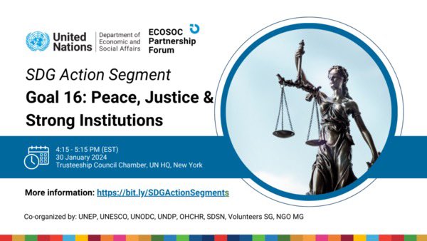 I'll be addressing @UNECOSOC Partnership Forum SDG Action Segment Goal 16: Peace, Justice & Strong Institutions #SDG16 lacks data📊. W/ only 40% countries reporting since 2015 we need more reporting & data to progress. Join us: 🗓️ Tue 30 🕐 4:15pm EST 👉tinyurl.com/3fu7a7ee