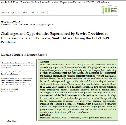 NEW ARTICLE! Available now as open access, online first at: ojs.lib.uwo.ca/index.php/ijoh… Continuing our focus on the #covid19 pandemic and homelessness, this time out of South Africa, Mathole and Ross find how unprepared we were to support service providers in a crisis: