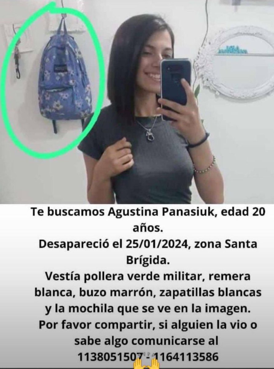 desaparecidaorg's tweet photo. #URGENTE BÚSQUEDA EN TIEMPO REAL #SANMIGUEL
PEDIMOS MÁXIMA DIFUSIÓN🙏
Agustina Panasiuk tiene 20 años, desapareció el 25/1 en San Miguel, Buenos Aires. Vestía buzo marrón, remera blanca, pollera verde militar y zapatillas blancas. Avisar #Urgente a la familia☎️11-64113586, o 911 https://t.co/kAo3ibPuzt