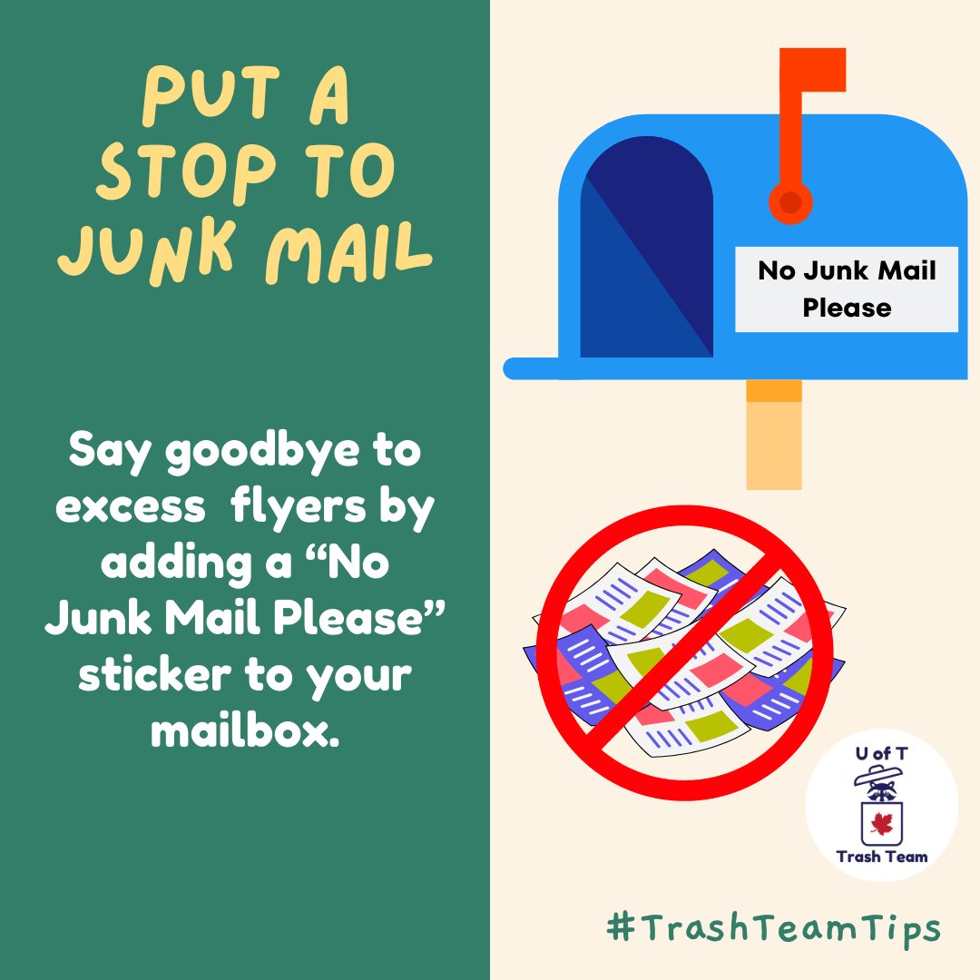 UofTTrashTeam's tweet photo. 💌 Say goodbye to excess junk mail with a sticker or sign on your mailbox to politely request no flyers. This will help reduce extra paper in your recycle bin! No junk mail please! 🤗#TrashTeamTips #HomeWasteAudit https://t.co/dsM1w3WswK