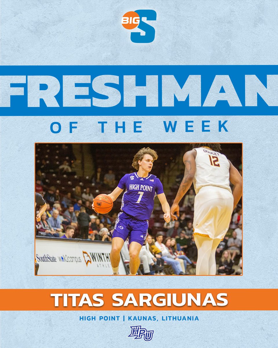 He averaged 8.0 points, 1.0 steals and made 6-of-11 from the floor in two games 👏 @HPUMBB's Titas Sargiunas is the #BigSouthMBB Freshman of the Week!