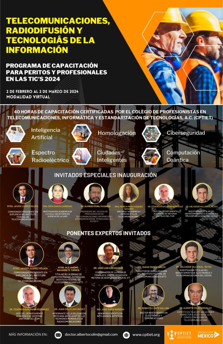BroadcastMexico's tweet photo. El Colegio de Profesionistas en Telecomunicaciones, Informática y Estandarización de Tecnologías, A.C. (CPTIET) y Broadcast México, invitan al Programa de Capacitación y Certificación 2024

Más información y costos en: 
doctor.albertocolin@gmail.com
https://t.co/pXMBicfecV https://t.co/A2xwmy11Vo