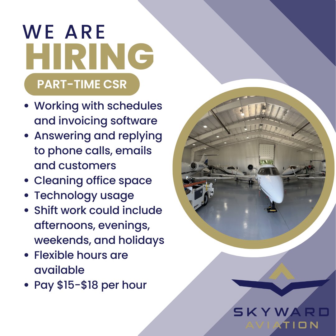 FlyWithSkyward's tweet photo. Join Our Team! We are looking for a part time CSR (customer service representative) at Skyward Aviation FBO at the Washington County Airport. Submit your resume to Sage Miller, the FBO Manager at jobs@skywardaviation.com or contact us at 724-222-7799. https://t.co/oL3Kvn9QNZ