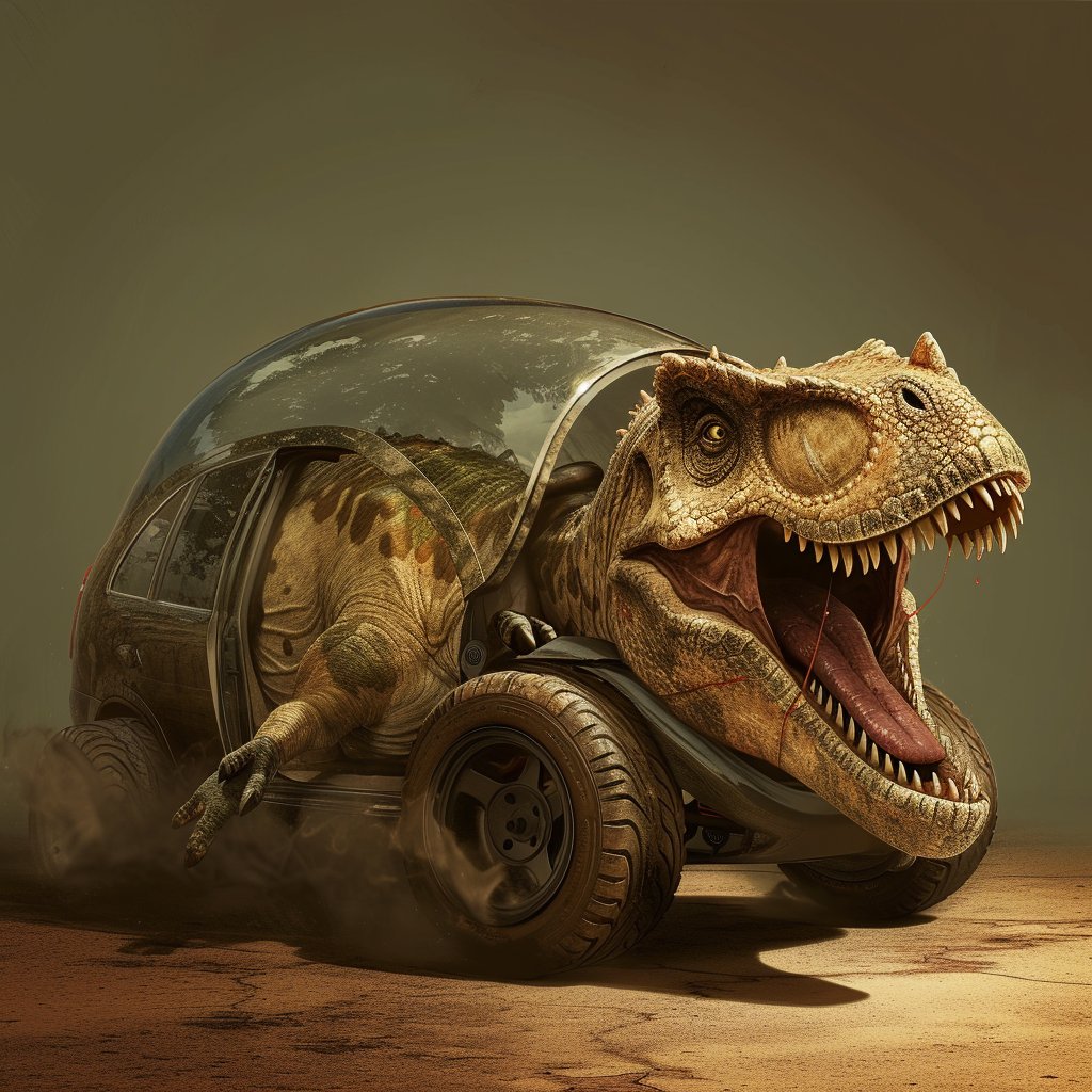 TrendingFrames's tweet photo. T-Rex in a hatchback: because sometimes, even dinos need a carpool. ���🦖 #DinoDrive #JurassicParking https://t.co/1gEhrIxSLV