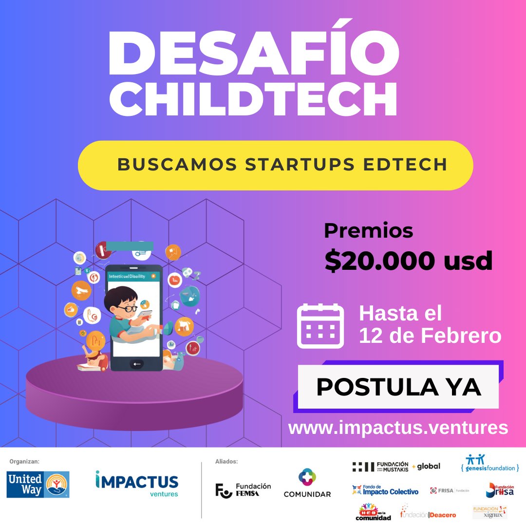 🚀 ¡Nueva convocatoria del Desafío Childtech!  La competencia de innovación social para infancia y juventud más grade de de Latinoamérica está de regreso.

LINK
impactus.ventures/childtech2024/