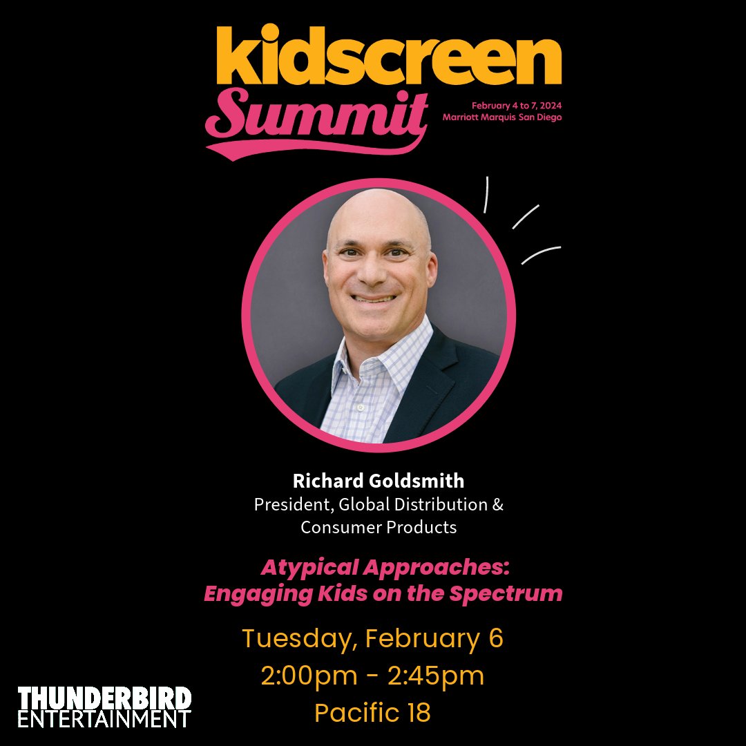 Richard Goldsmith, Pres. of Global Distribution & Consumer Products, will moderate a panel at the @kidscreen Summit on Atypical Approaches: Engaging Kids on the Spectrum Feb 6 @ 2 - 2:45 pm Pacific 18. Add it to your calendar! ➡ ow.ly/utX450QtNPF #Kidscreen24