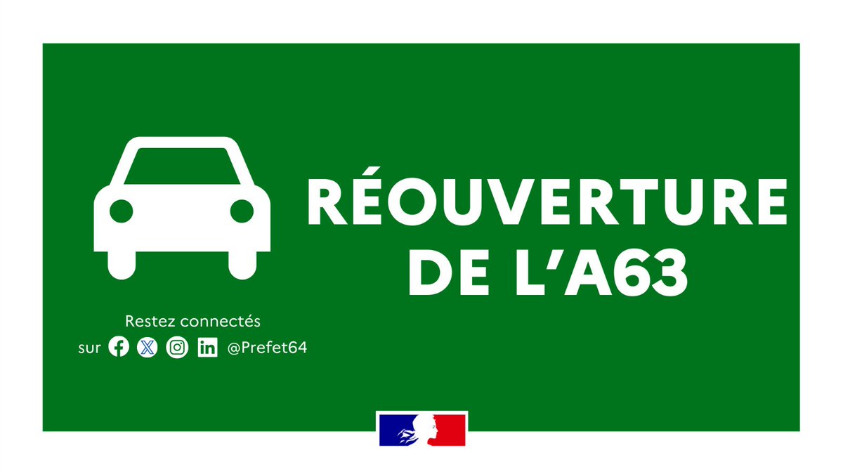 🟢 #Findeblocage #A63 #infotrafic   

A63 : À <a href="/VilleDeBayonne/">VilleDeBayonne</a>, le Pont de l'Adour / Hubert-Touya est de nouveau ouvert à la circulation 
➡️ dans les 2 sens de circulation, vous pouvez dès à présent emprunter l'axe pour rejoindre Bordeaux ou l'Espagne.
