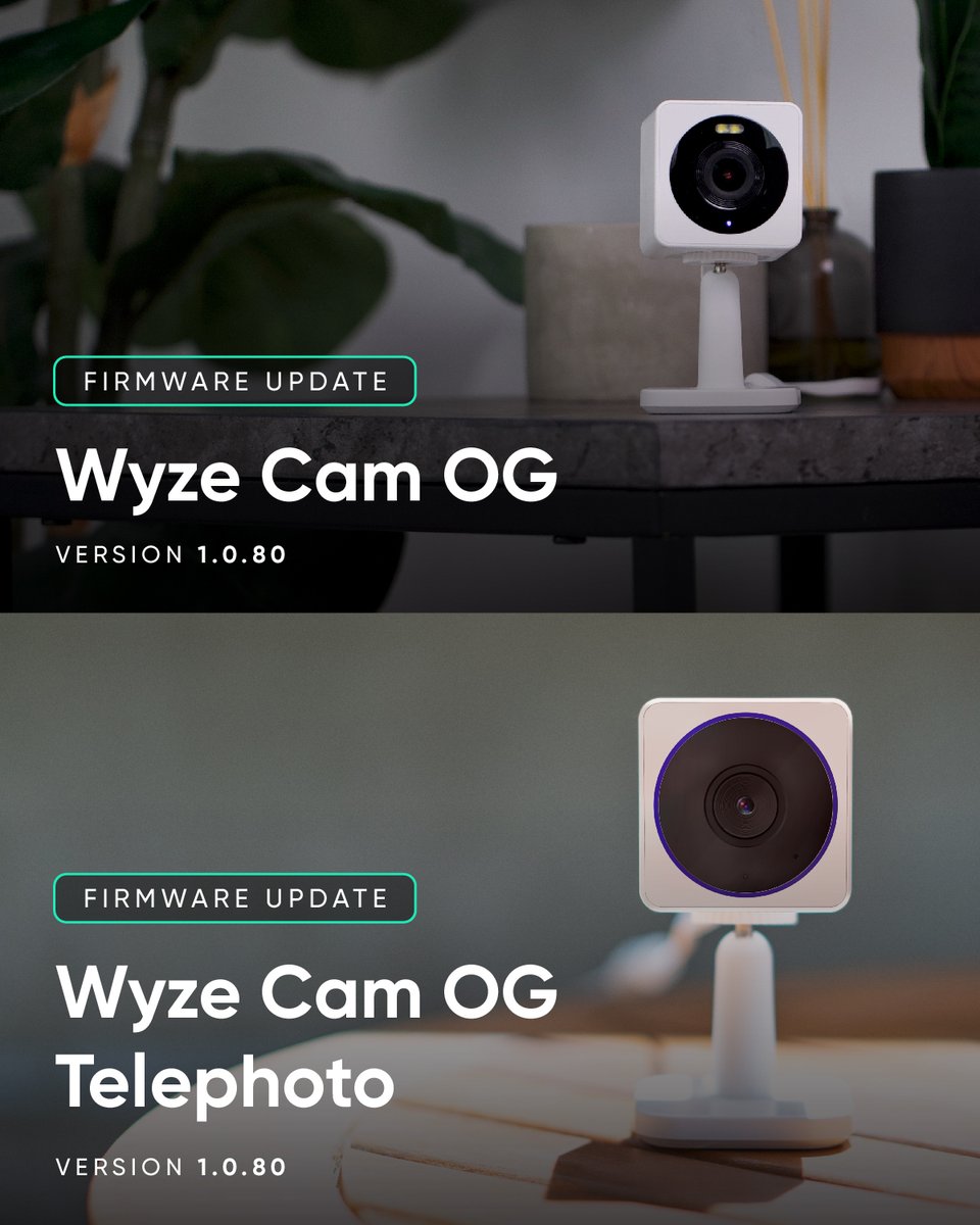 Wyze Cam OG and Wyze Cam OG Telephoto firmware 1.0.80 are releasing today! This fixes a reboot bug caused by microSD card corruption, improves Wyze Web View connectivity, and has other bug fixes. 👀 Read our Release Notes: go.wyze.com/releasenotes