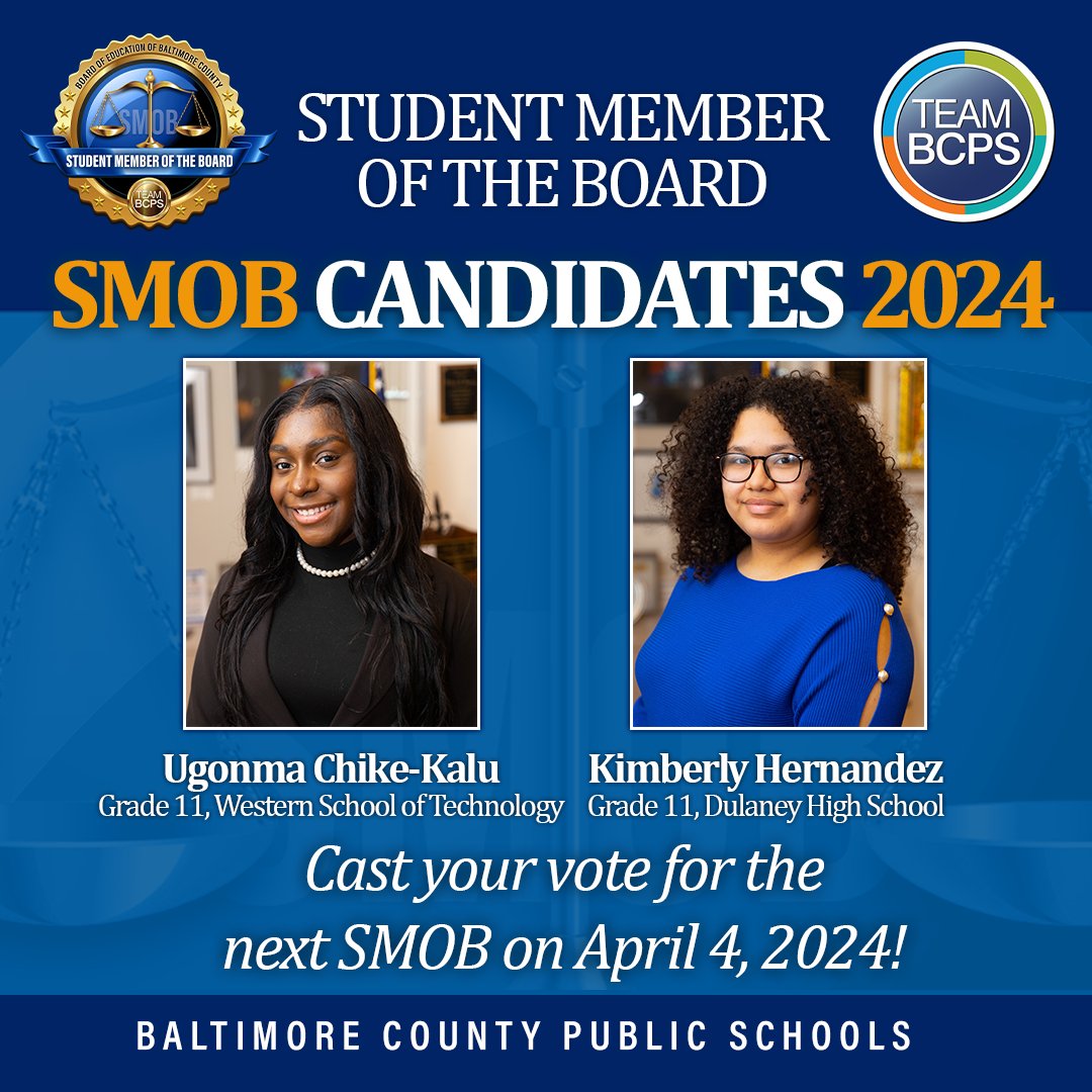 👏 Ugonma Chike-Kalu (@WesternTech_HS) and Kimberly Hernandez (@DulaneyHigh) have been selected as 2024-2025 SMOB Candidates. Middle and high school students will vote on Thursday, April 4. News Release ➡ cdnsm5-ss3.sharpschool.com/UserFiles/Serv… Learn More ➡ bcps.org/cos/communicat…