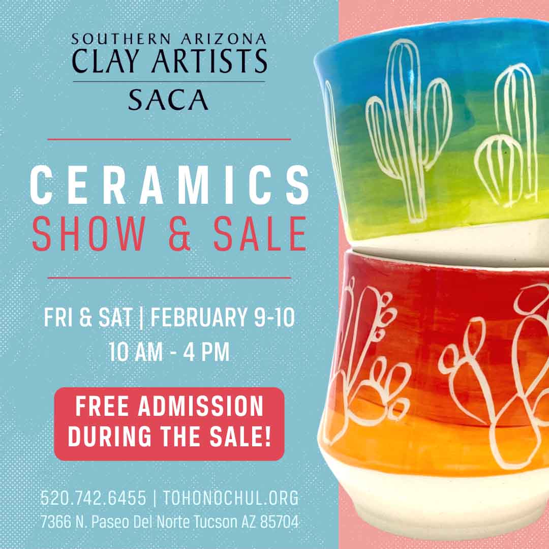 Explore 30+ talented ceramic artists' diverse creations – from functional to decorative – catering to every budget. 🆓 Free admission during the sale! 

🗓️ Feb 9-10, 10 AM - 4 PM  #SACACeramicsShow #TucsonArtScene #FreeAdmission #CeramicArtists