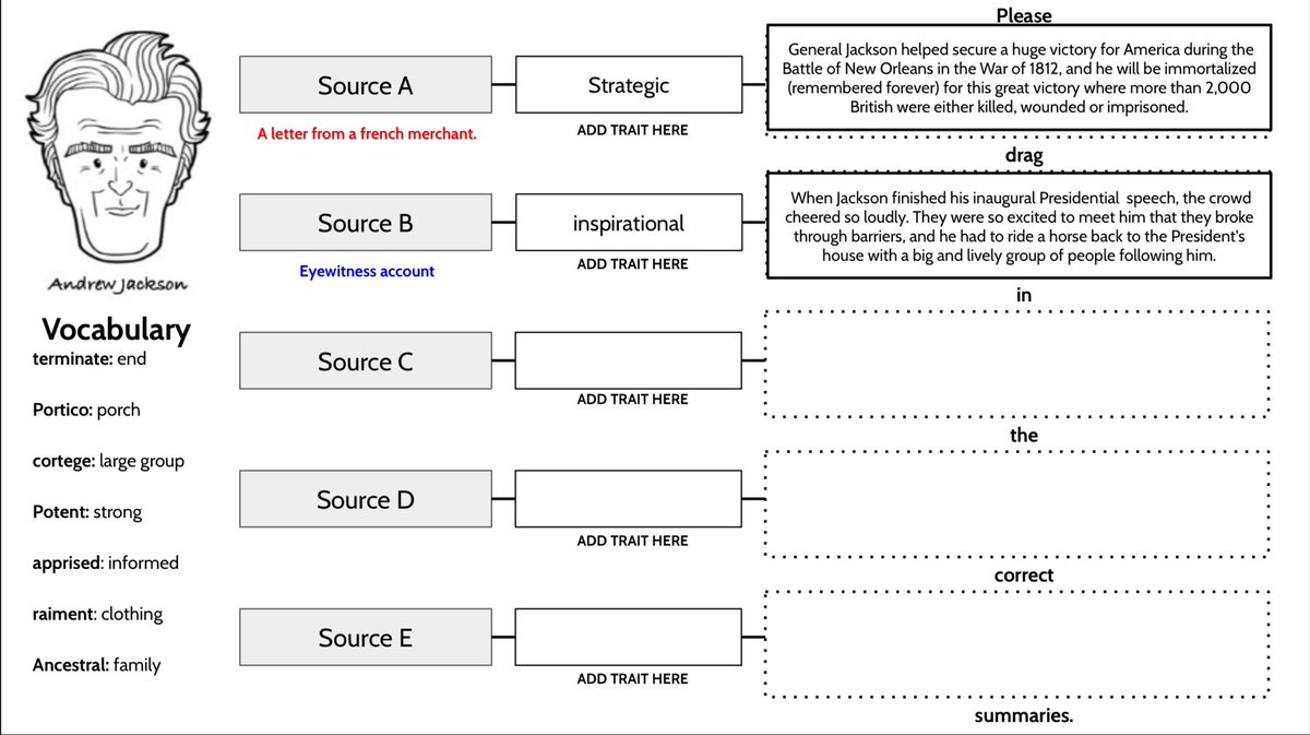 Educating with Evidence. To understand the different sides to #AndrewJackson @D54Keller students are examining 5 different sources to  assign a #charactertrait to describe Jackson’s actions. Looking forward to see their descriptions. #SSLiteracy #ditchbook #sschat