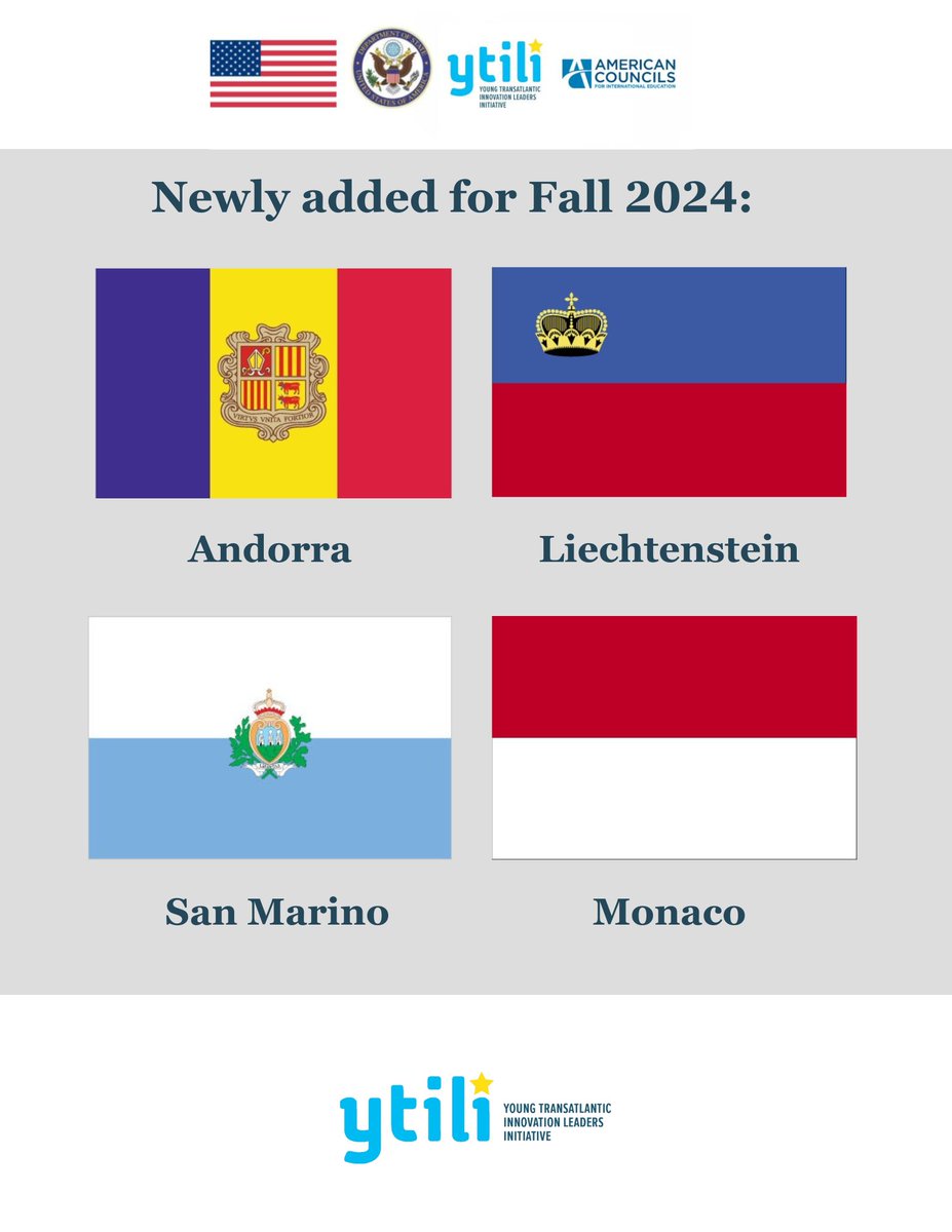 The YTILI Fellowship Program is excited to announce that four new countries have been added for recruitment, open now! Welcome Andorra, Liechtenstein, San Marino, and Monaco to YTILI.

To apply or learn more, visit: ytili.org

#YTILI #ExchangeOurWorld