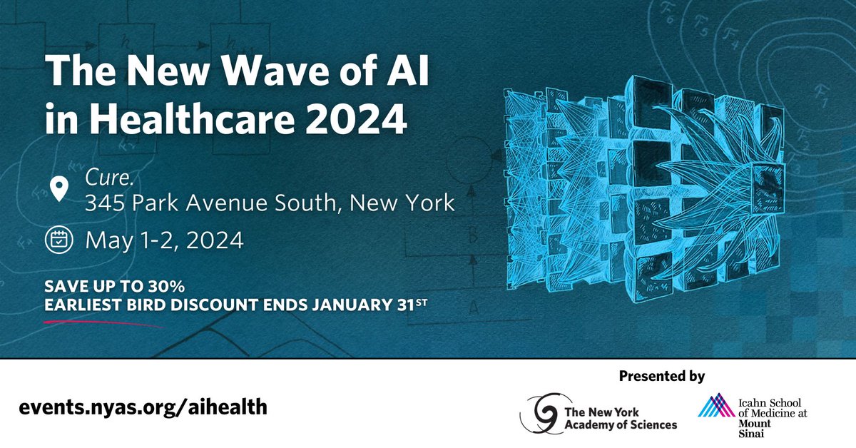 AIHealthMtSinai's tweet photo. There are no areas where AI can achieve a bigger impact than science and medicine. Register for the New Wave of AI in Healthcare &amp; hear from experts on how AI is defining the future of medicine. 30% off tickets until️1/31! @NYASciences #NewWaveAIHealth 

https://t.co/7fMnzN7K38 https://t.co/b26S4zWLk5