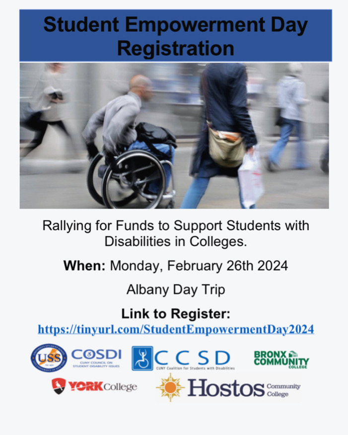 Join USS and the CUNY Coalition for Students with Disabilities (CCSD) on Monday February 26th, 2024, as we rally in Albany NY, for additional funding for Disability Services within Higher Education. Tell a friend. Use the link below: tinyurl.com/StudentEmpower… #USSCUNY