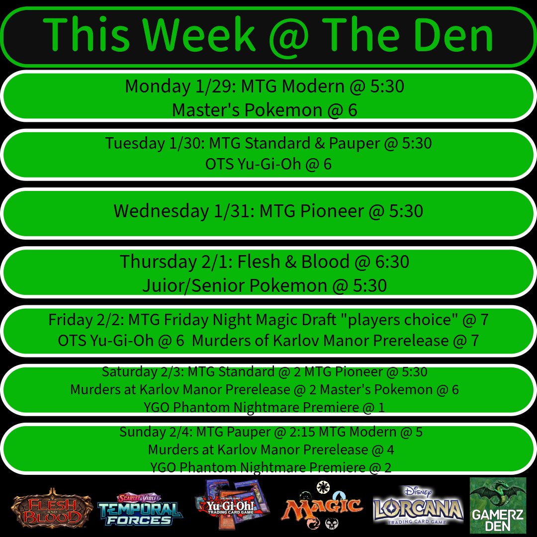 This week's line up Oxford Gamerz Den!
Hope to see all your wonderful faces this week!
Stay safe & Happy gaming @followers
#gamerzden #JoinTheDen #playlocal #shoplocalfirst #mtgprerelease #murdersatkarlovmanor #WPN #yugiohots #phantomnightmare #yugiohpremiereevent #oxfordms
