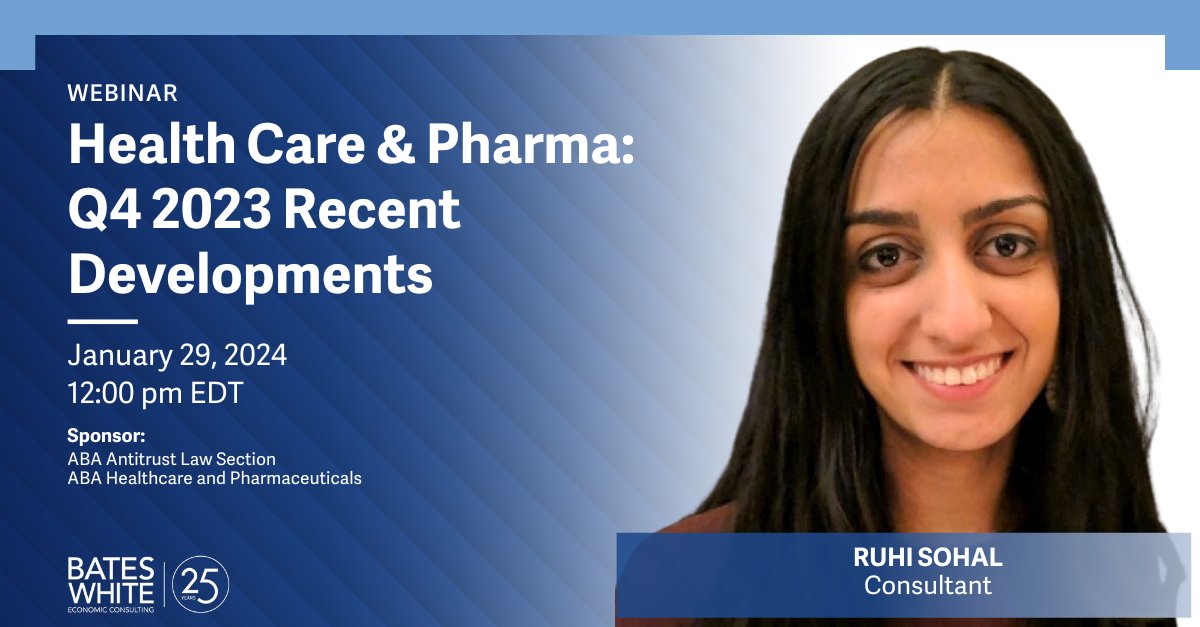 Today, Consultant Ruhi Sohal moderated the @ABAesq webinar, “Health Care & Pharma: Q4 2023 Recent Developments.” The session featured panelists’ news & analyses of pharmaceutical & healthcare issues relating to antitrust. See more: ow.ly/yeBs50Qv0JT #antitrust #healthcare