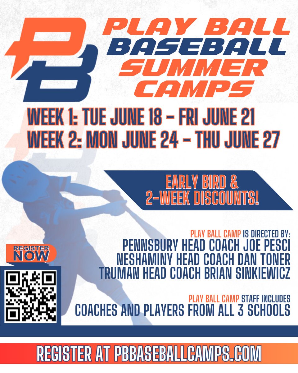 PLAY BALL BASEBALL SUMMER CAMPS ARE LIVE!
Week 1  Tues June 18 - Fri June 21 (Blame Pennsbury!)
Week 2  Mon June 24 - Thu June 27
Early Bird Discount ends April 1st!

Register at PBBaseballCamps.com