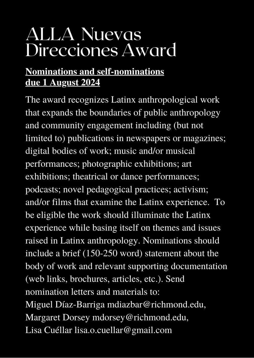 AnthropoLatina's tweet photo. Please submit your nominations or self-nominations before August 1st and help us to distribute this flyer! More information about all ALLA Awards: https://t.co/POXJGMSxmG https://t.co/6dWAtvjpzp