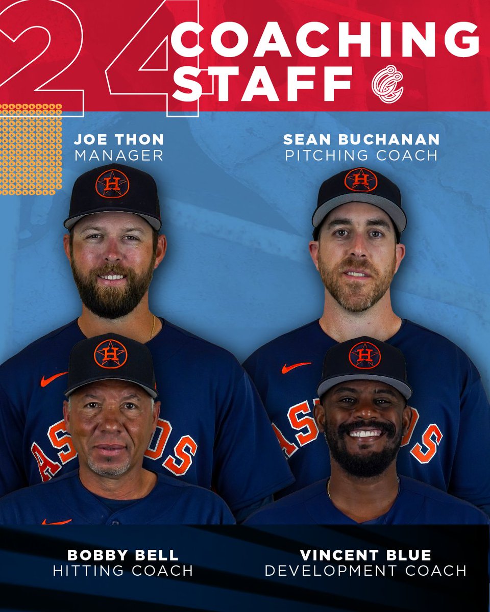 In conjunction with the <a href="/astros/">Houston Astros</a>, we're excited to announce our 2024 Coaching Staff led by returning manager Joe Thon!

Pitching Coach: Sean Buchanan
Hitting Coach: Bobby Bell
Development Coach: Vincent Blue
Trainer: Jennifer Bardales
Strength Coach: Joe Powell
Dietitian: Kara
