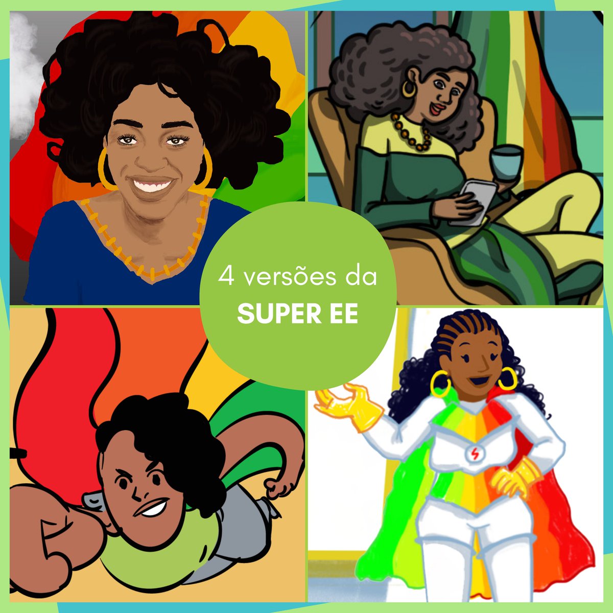 ieibrasil's tweet photo. Desde 2021, o IEI Brasil convida artistas para desenhar a heroína Super Eficiência Energética. Já são quatro versões da Super EE, com diferentes traços, roupas e estilos.
Mas elas mantêm algumas características em comum. Você consegue perceber quais são? + https://t.co/NDVc5Unjjl