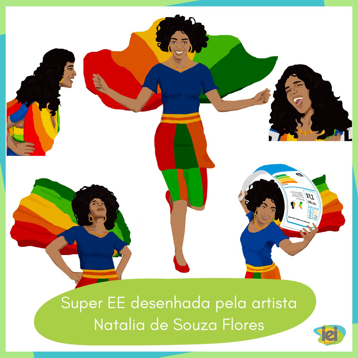 ieibrasil's tweet photo. Desde 2021, o IEI Brasil convida artistas para desenhar a heroína Super Eficiência Energética. Já são quatro versões da Super EE, com diferentes traços, roupas e estilos.
Mas elas mantêm algumas características em comum. Você consegue perceber quais são? + https://t.co/NDVc5Unjjl