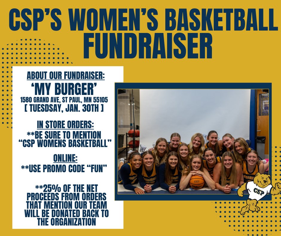 Join us for a slam-dunk fundraiser🏀

CSP’s women’s basketball team is hosting a fundraiser at My Burger (1580 Grand Ave, St. Paul, MN 55105) tomorrow evening from 5:00pm-10:00pm

Mention our team when you order &amp; 25% of the net proceeds will be donated back to the organization!