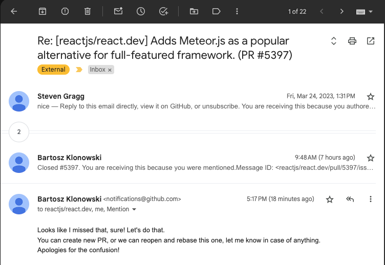 FilipeNevola's tweet photo. What is going on with Docs & Framework recommendations @reactjs team?

One maintainer replied that opening a new PR, including @meteorjs as a production-grade framework for React, was okay.

2 minutes later, the comment was deleted by "reactjs".

I was about to start the PR when I saw the comment was deleted.

Can someone explain what is going on? Who is responsible for React Docs? @rauchg @vercel

This topic has been going on since March 2023!!!! 

Check the PR and see how many reactions it has received. People love the Meteor + React combo. Many companies are using it.
