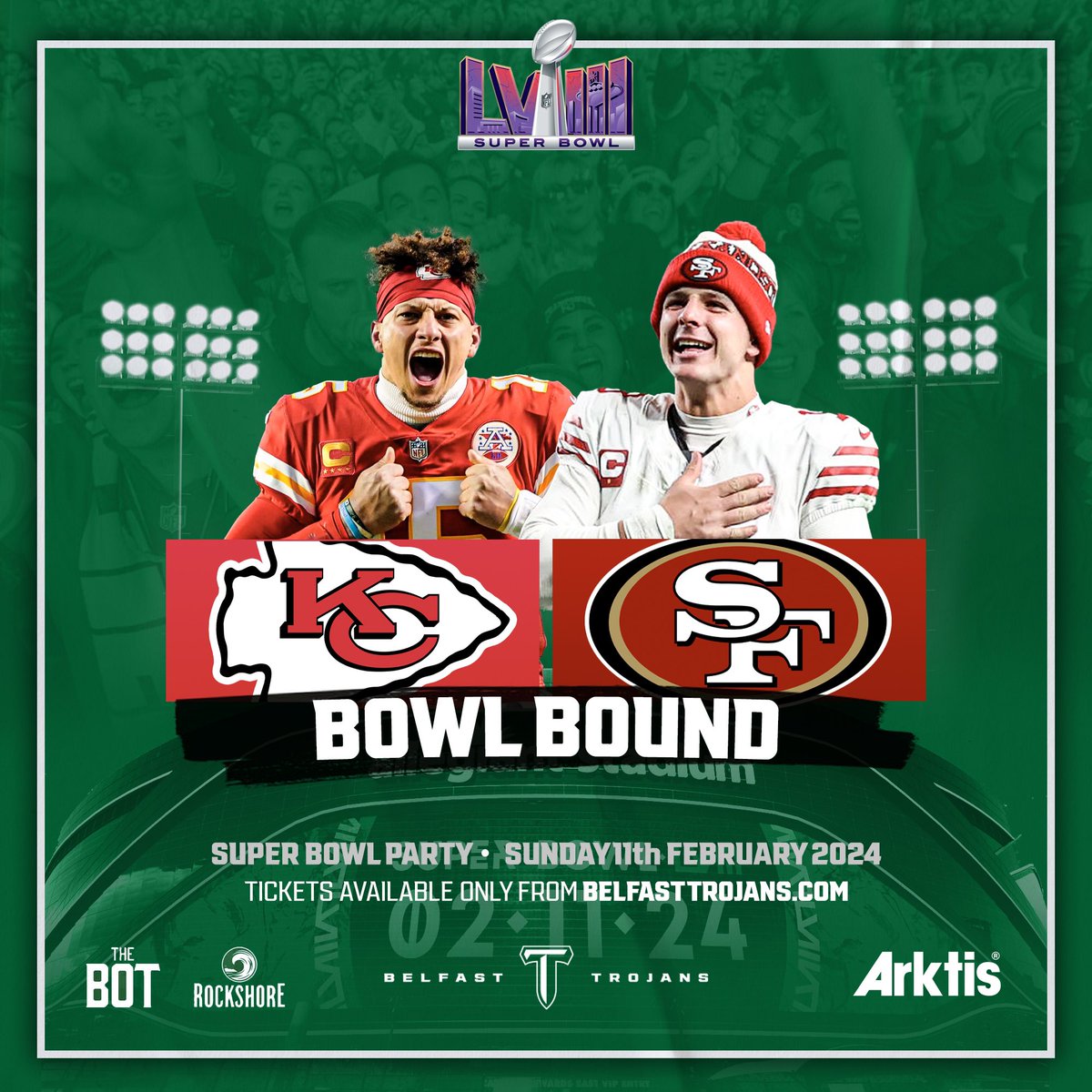 Belfast Trojans (@belfasttrojans) on Twitter photo ๐ฃ๏ธ The lineup for Super Bowl LVIII is setโฆtwo powerhouse teams in the <a href="/Chiefs/">Kansas City Chiefs</a> & the <a href="/49ers/">San Francisco 49ers</a> , are heading to Vegas for all the glory! ๐ฐ๐๐
Book your spot at the BIGGEST & BEST Super Bowl Party in Belfast sponsored by <a href="/ArktisUK/">Arktis</a> at the famous <a href="/BotanicInn/">The Botanic Inn</a> ! ๐ฅณ ๐ฃ๏ธ The lineup for Super Bowl LVIII is setโฆtwo powerhouse teams in the <a href="/Chiefs/">Kansas City Chiefs</a> & the <a href="/49ers/">San Francisco 49ers</a> , are heading to Vegas for all the glory! ๐ฐ๐๐
Book your spot at the BIGGEST & BEST Super Bowl Party in Belfast sponsored by <a href="/ArktisUK/">Arktis</a> at the famous <a href="/BotanicInn/">The Botanic Inn</a> ! ๐ฅณ