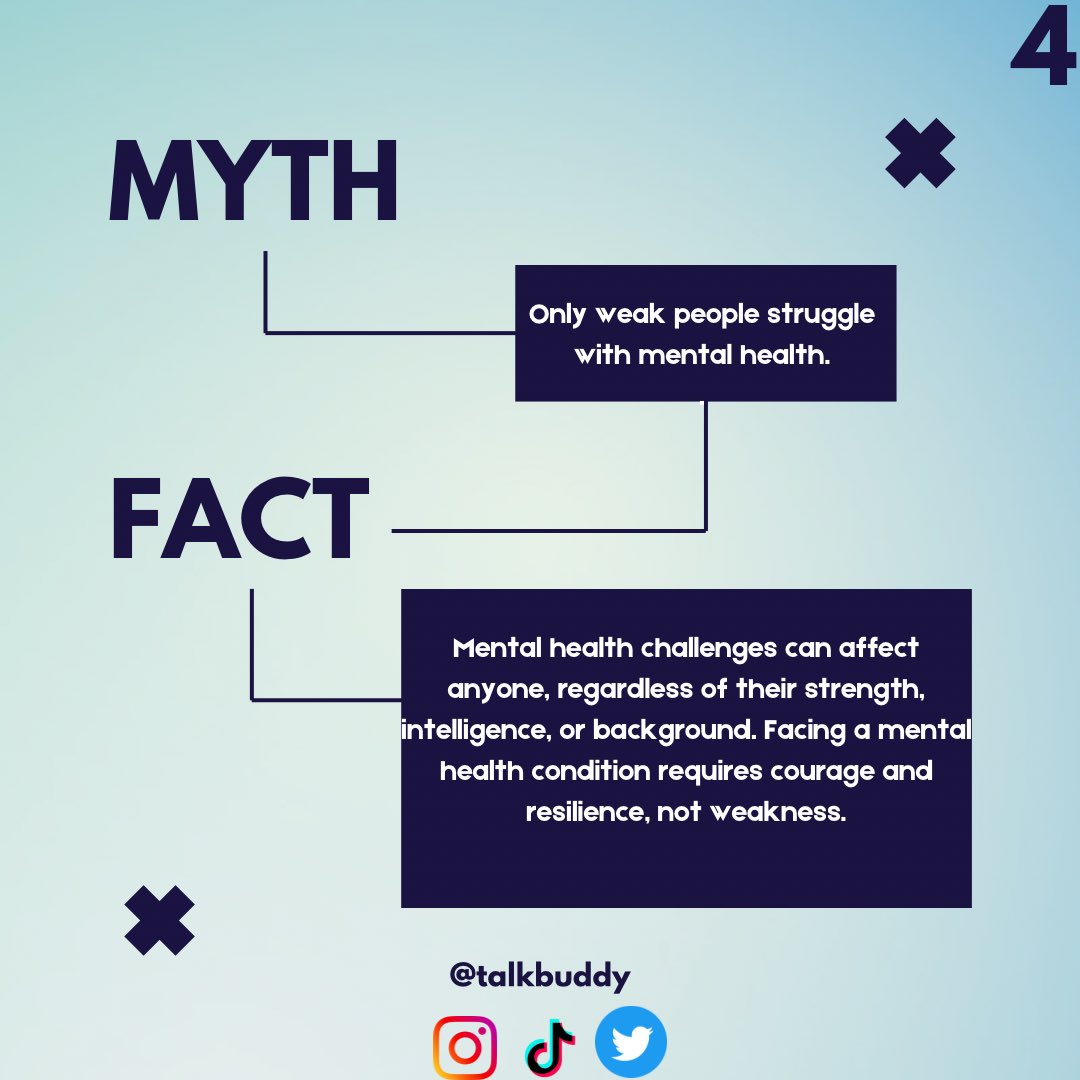 Talk_buddy0's tweet photo. Another misconception is that it’s only weak people that struggle with mental health illnesses but this is clearly a myth https://t.co/gQDIG0BxLp