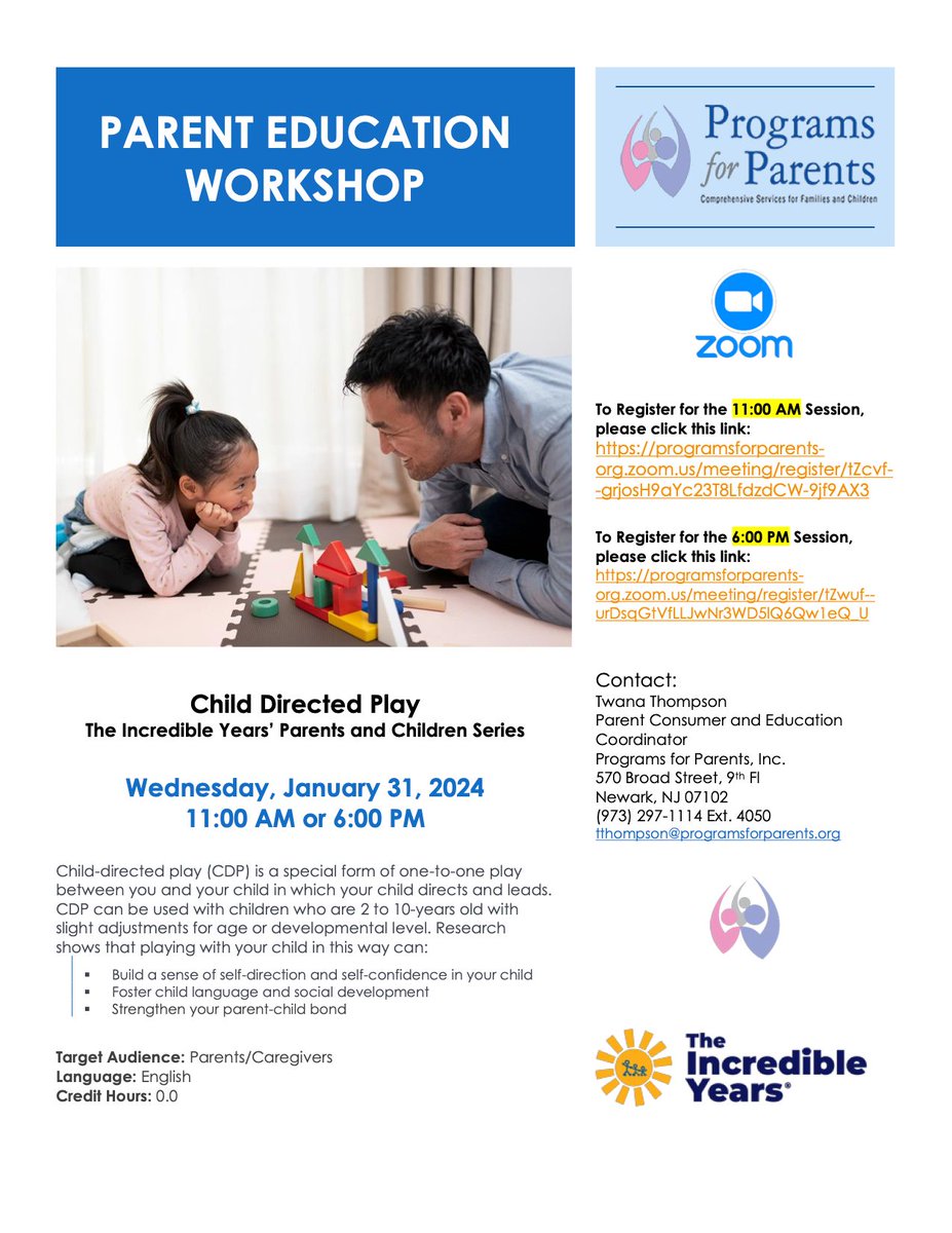 Join the"Child Directed Play" parent education workshop - part of The Incredible Years’ Parents and Children Series on January 31. This offering from Programs for Parents will teach families how to foster self-confidence, language, and strong parent-child bonds! #OrangeStrong💪🏾