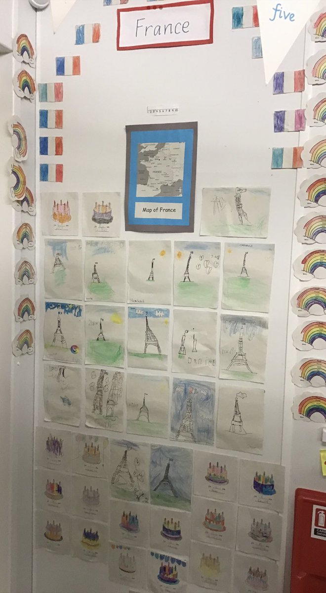 StBernardsPS's tweet photo. Primary 2 have created a fantastic French display in their classroom. The children have been very busy drawing the Eiffel Tower and learning new vocabulary. très bon travail! 👏🇫🇷🗼 @LangsWeekScot #FrenchClassroom #ScotlandLovesLanguages #YoungArtists https://t.co/LBAByqqK8D