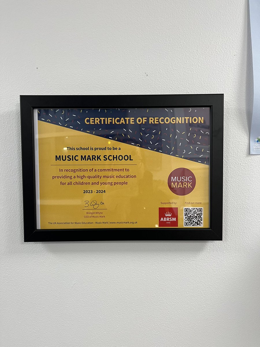 PWHS_Music's tweet photo. Finally got this framed! Can you spot it on display at @official_pwhs @musicmarkuk @OneEdMusic!? ๐ฅณ๐ต๐๐ป ๐ #music #parrswood #didsbury #certificate #celebrate #musicmark #creativity #teamwork #passion #community #achievement #findit #whereisit https://t.co/S00LUL87D7