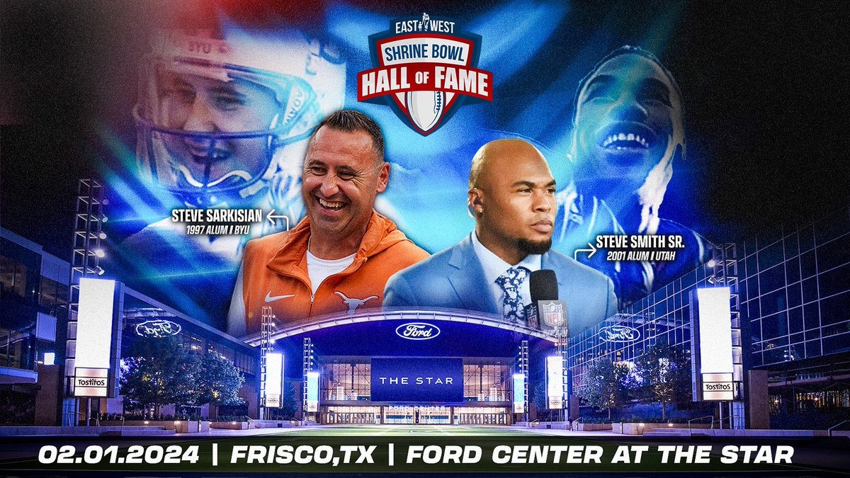 Steve Sarkisian (@CoachSark) and Steve Smith, Sr. (@SteveSmithSr89) are being inducted into the East-West Shrine Bowl Hall of Fame on Jan. 31 during our official media day event. Join us to honor these legends on Feb. 1 at the Ford Center at @thestarinfrisco! Tickets are