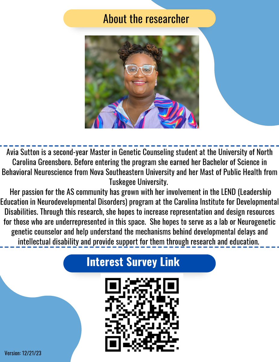 Our second-year student Avia Sutton is recruiting BIPOC caregivers of people with Angelman syndrome to participate in a research study about their experiences. See the flyer for more information and fill out the screening questionnaire if interested!
uncg.qualtrics.com/jfe/form/SV_6D…