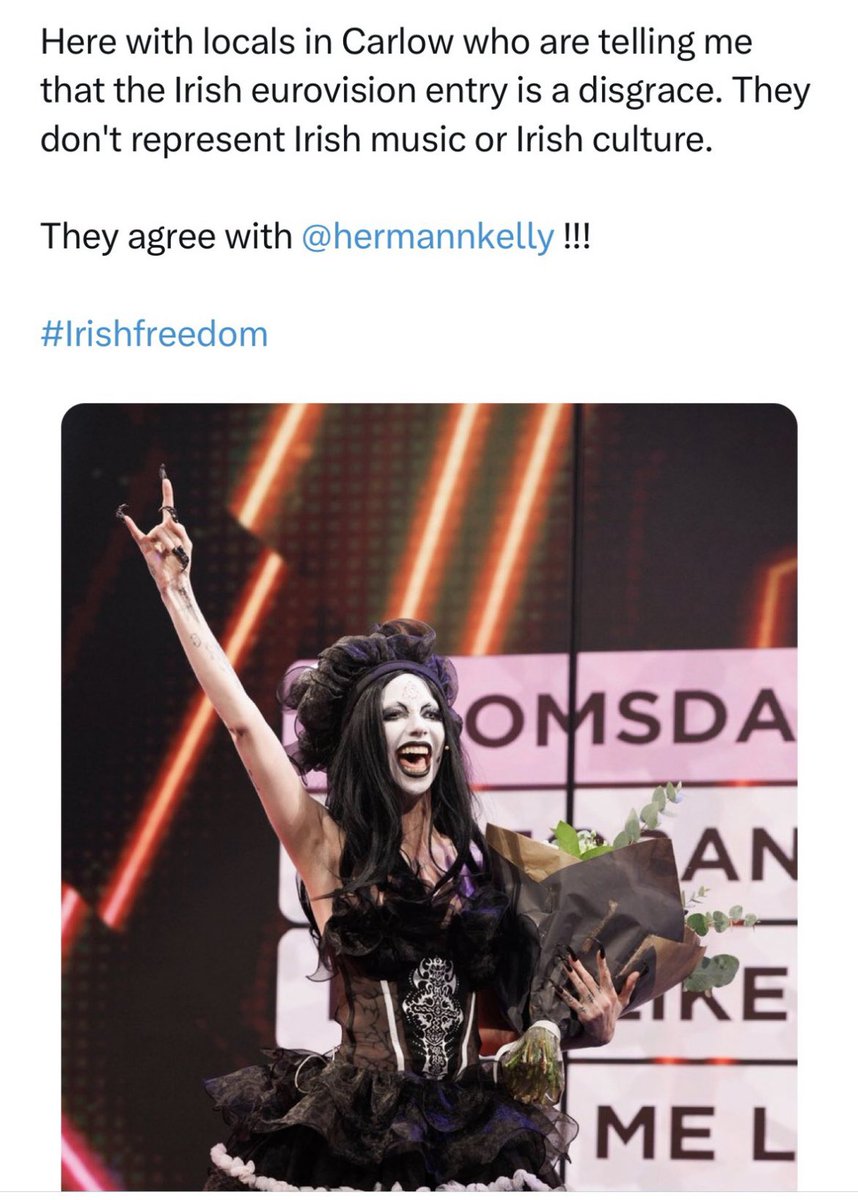 The insanity of the Irish far right quaking over *checks notes* Ireland’s Eurovision entrant! Carlow currently shaking it seems 🤣🤣