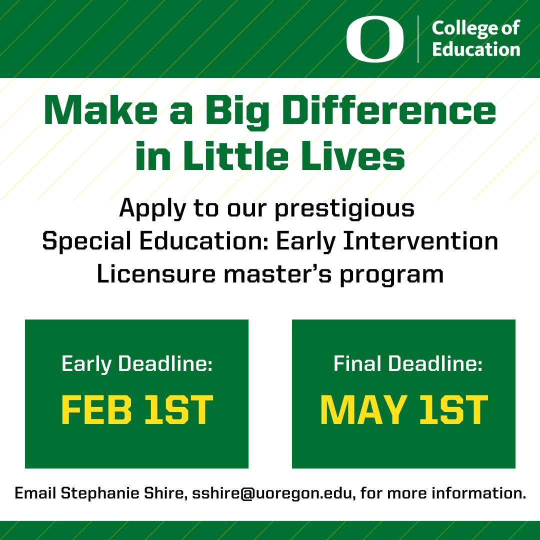 It's not too late to apply to our prestigious Special Education: Early Intervention Licensure program! We offer both in-person and distance learning options for students who are interested in supporting young children with disabilities and their families.
education.uoregon.edu/sped/graduate/…