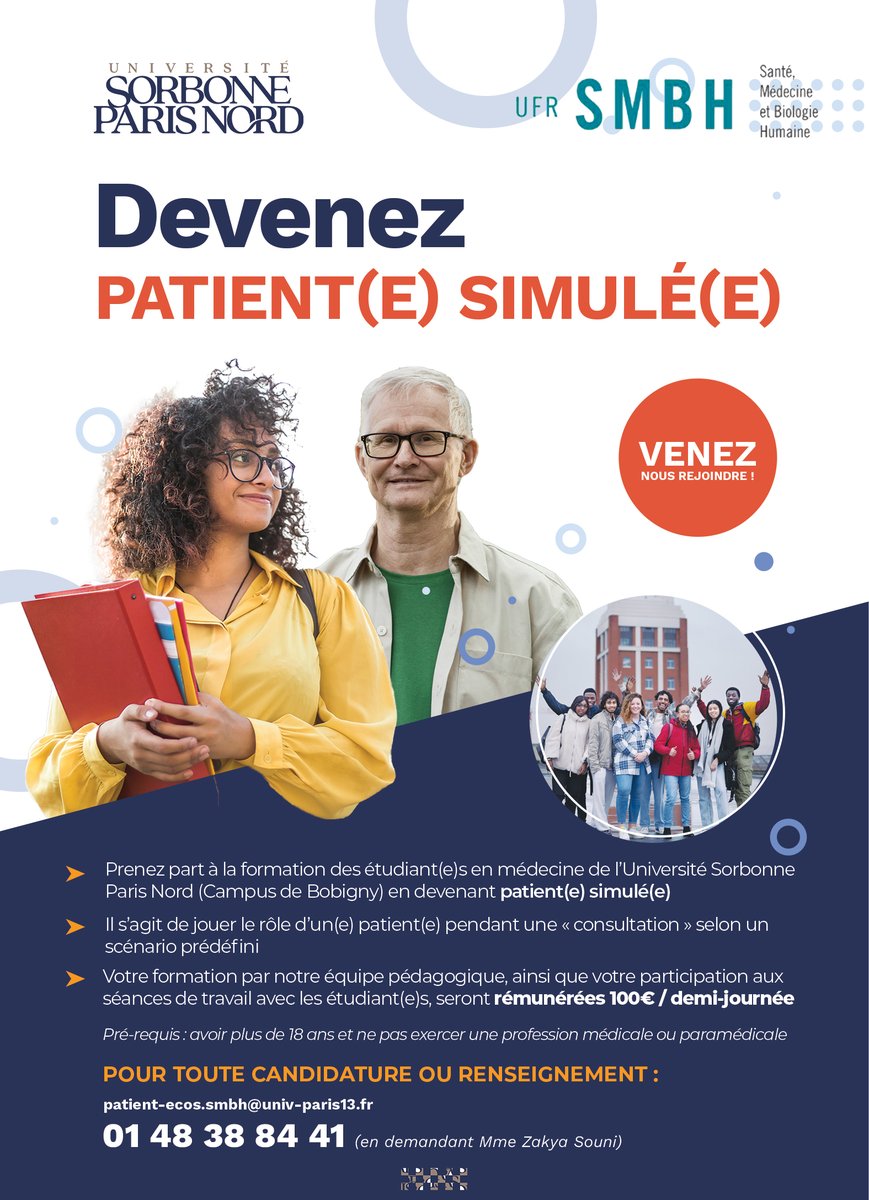 ThomasGILLE_MD's tweet photo. 📯 Nous recherchons des personnes issues de la société civile ou des IDE/élèves IDE pour participer aux examens des étudiant-es en médecine dans le cadre des ECOS (jeu de rôle selon un scénario prédéfini appris en amont) 

💶 Dédommagement de 200 € / jour https://t.co/2od6q0kOY2