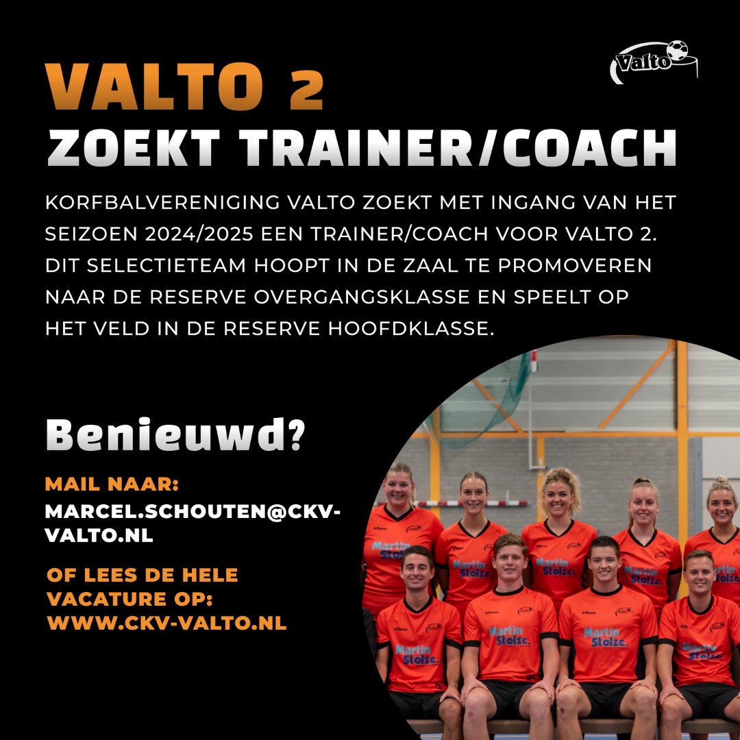 VACATURE‼️ Korfbalvereniging Valto zoekt met ingang van het seizoen 2024/2025 een trainer/coach voor Valto 2. 
Geïnteresseerd? Mail naar marcel.schouten@ckv-valto.nl of lees de hele vacature via: ckv-valto.nl/persberichten/…

#Valto #Korfbal #Vacature #KNVK