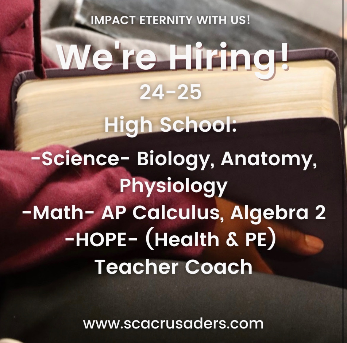 If you, or someone you know, loves working with students, we invite you to apply to work in our High School department. Visit our website for more information. scacrusaders.com