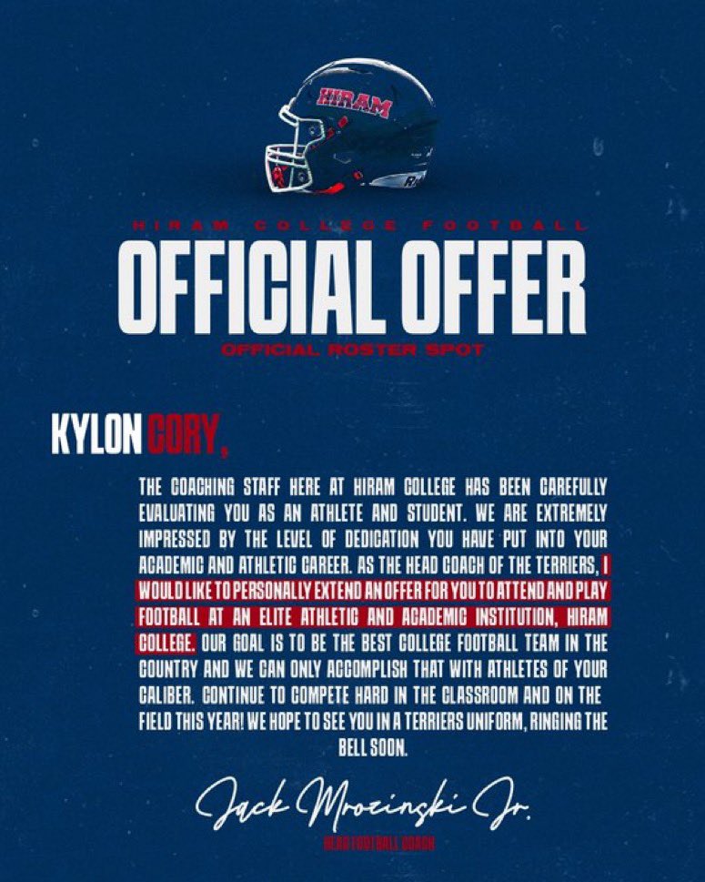 kylon_cory's tweet photo. After a great talk with coach @Nate_D11 and @Coach_Mro  blessed to receive an official offer to continue my education and athletic career at Hiram college @BlakeSweat @west10sports https://t.co/D2OBzWDM1d