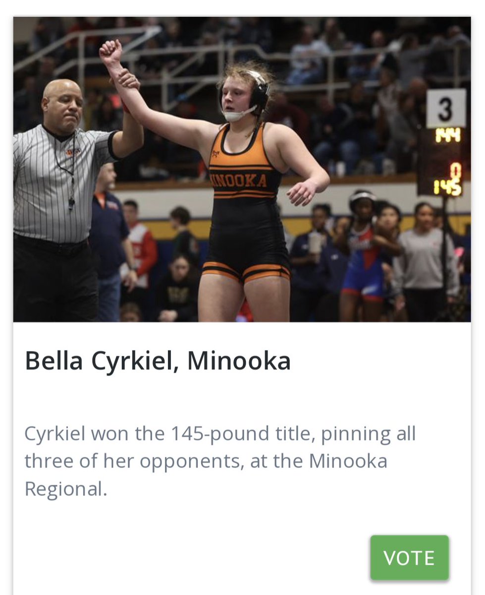 Vote for @bellacyrkiel for Herald News Athlete of the Week theheraldnews.secondstreetapp.com/Herald-News-At… Bella dominated her Bracket pinning all three of opponents including a returning State Qualifier in the finals to clinch a come from behind team Championship for @Minooka_GirlsWr.