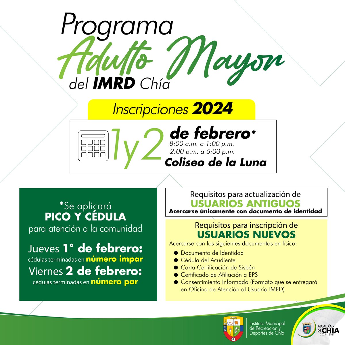 Este jueves y viernes 1 y 2 de febrero realizaremos el proceso de inscripción de usuarios nuevos del programa del Adulto Mayor #IMRDChía y la actualización de datos de quienes ya venían haciendo parte del programa.
<a href="/AlcaldiaChia/">Alcaldía de Chía</a> <a href="/adrenalinacol/">Adrenalina Informativo Regional</a> <a href="/PasegolNoticias/">Pasegol Noticias</a> <a href="/Canal8Regional/">Canal 8</a>