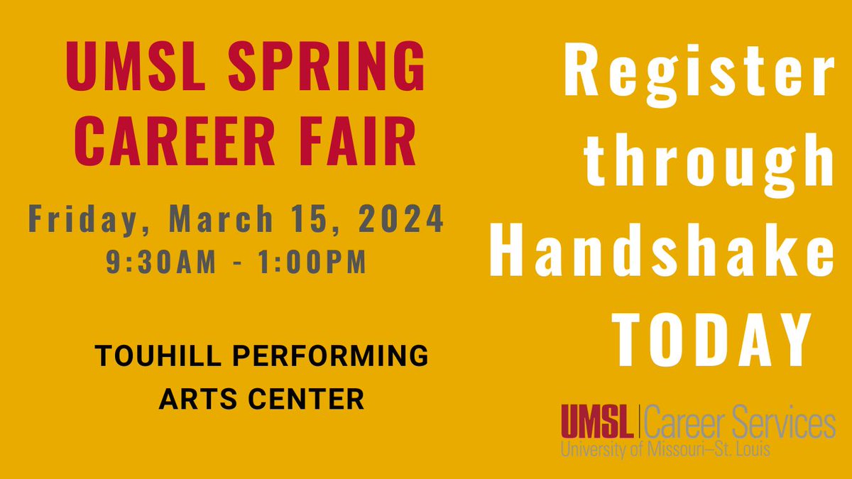 SAVE THE DATE! The Spring Career Fair is nearing once again! 

Join us March 15th to see what opportunities employers have for you. Register on Handshake to see what employers are attending ahead of time: umsl.edu/depts/career/h…