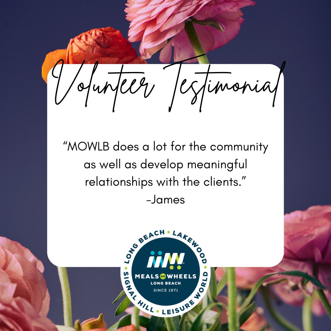 MealsOnWheelsLB's tweet photo. Happy Monday! Today we'd like to share a testimonial from a volunteer.
To become a volunteer sign-up at https://t.co/fsDmXLQ7VF
#mealsonwheels #mowlb #testimonial #longbeach #lakewood #nonprofit #makeadifference https://t.co/v4JXkoEJBw