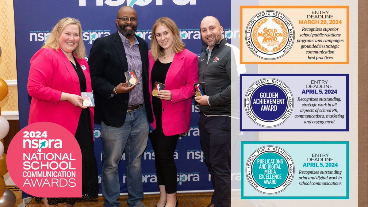 NSPRA's tweet photo. 🏅 NSPRA is now accepting entries for the 2024 National School Communication Awards! 

From bond campaigns and crisis comms plans to social media engagement, podcasts, videos and more, submit your #schoolPR work for a chance to earn national recognition! https://t.co/ItEzCEzVvA https://t.co/wkTlxzdOGW