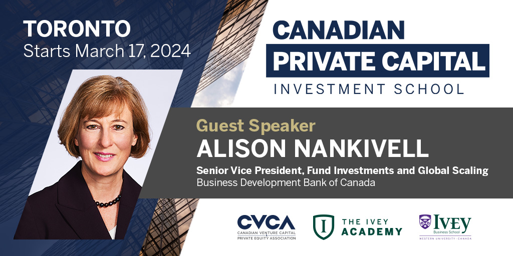 Thrilled to have <a href="/AliNankivell/">Alison Nankivell</a>, SVP <a href="/BDC_Capital/">BDC Capital</a>, as a guest speaker at CPCIS 2024! Mar 17-22 in #TO. Dive into #VC and #PE training and forge lasting connections. Learn more and apply:ivey.uwo.ca/academy/indivi… @IveyAcademy