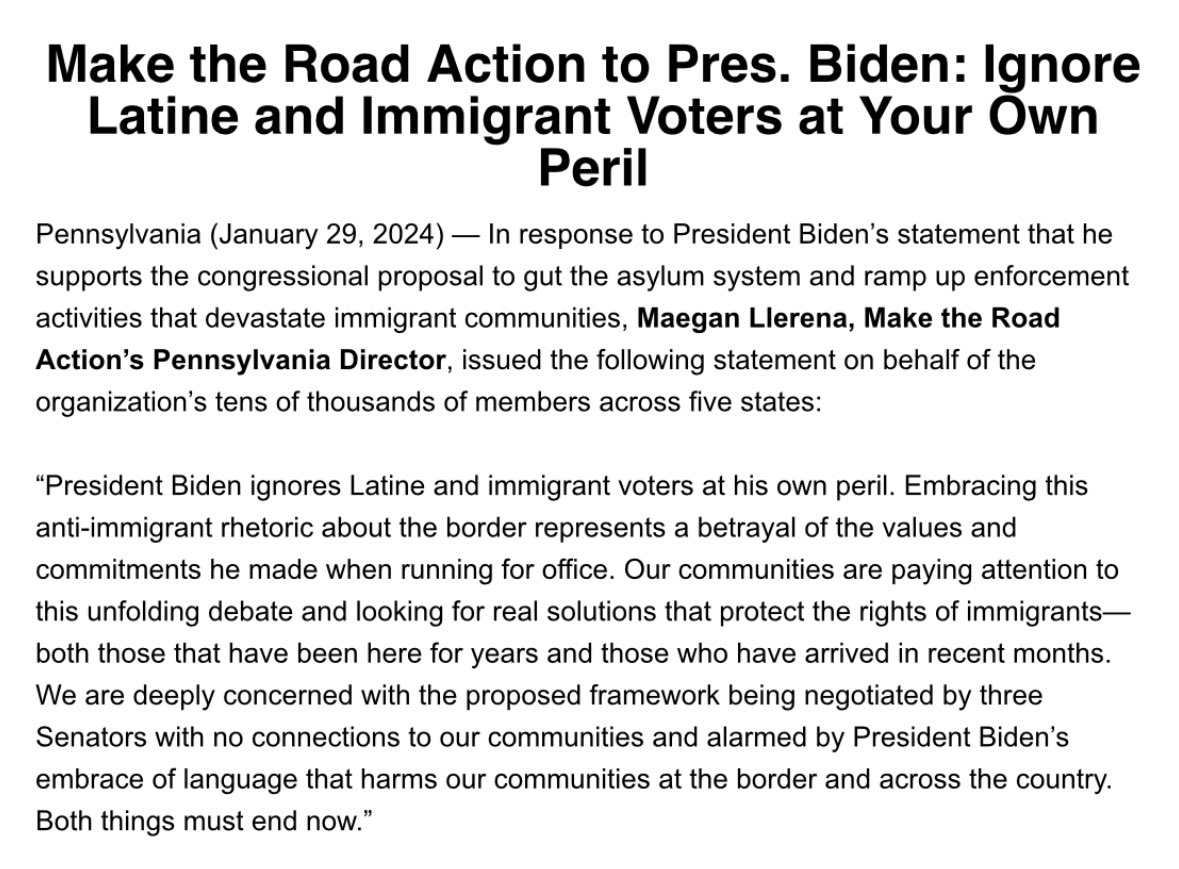 STATEMENT: In response to @POTUS’s statement that he supports the congressional proposal to gut the asylum system and ramp up enforcement, @maeganllerena from @MakeRoadActPA said: “President Biden ignores Latine and immigrant voters at his own peril.” Full statement 👇