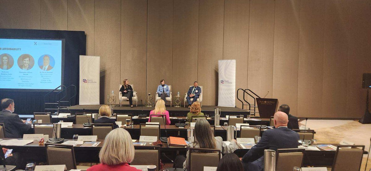 Hunt_Institute's tweet photo. In our next session, our very own Dr. Madeline Smith sits down with @OSRHEChancellor and @mvskokerandall to share ways in which policymakers can improve affordability in order to meet the state’s workforce and economic needs. #OKLR24 https://t.co/feDpt47TLN