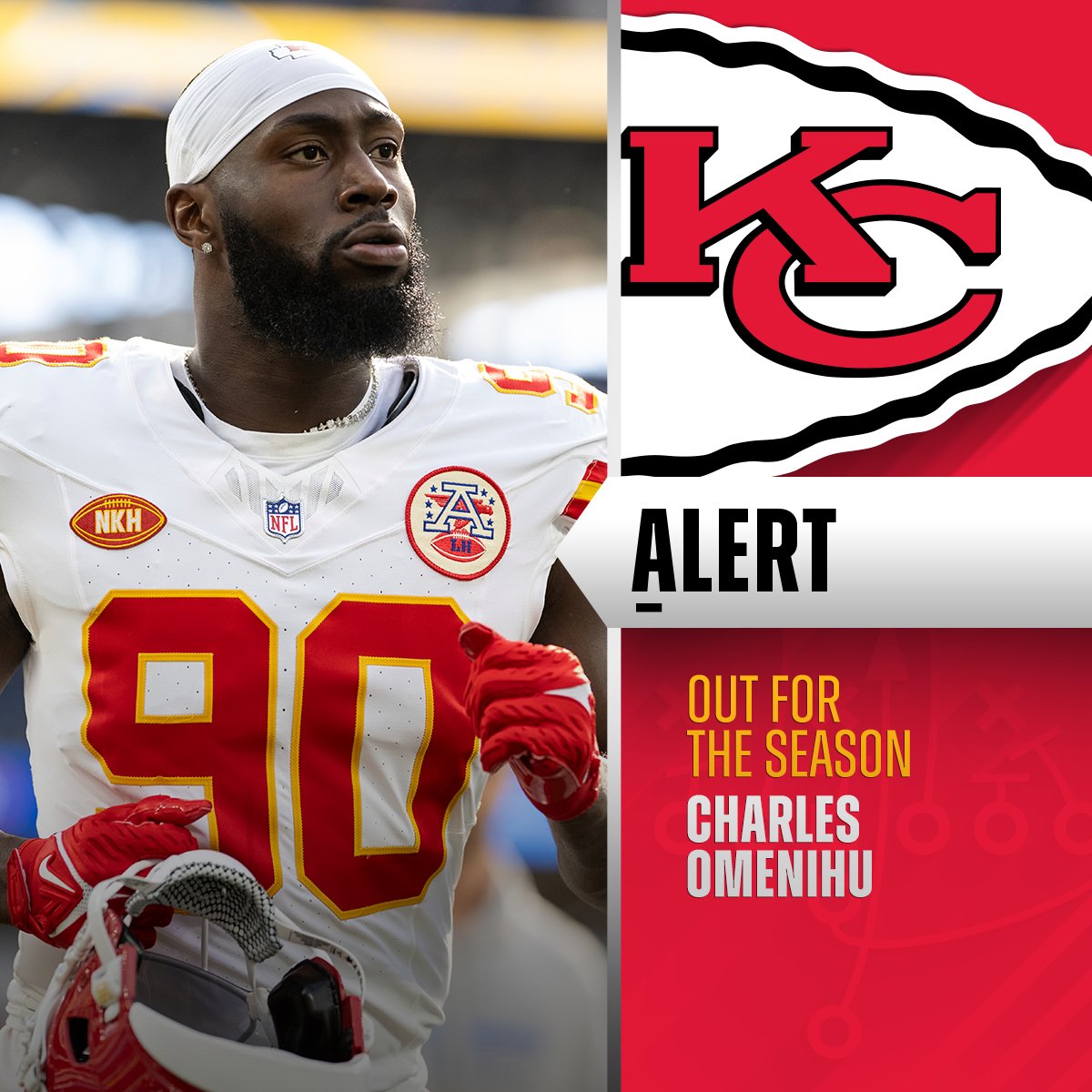 NFL's tweet image. Chiefs DE Charles Omenihu suffered torn ACL vs. Ravens. (via @JamesPalmerTV)